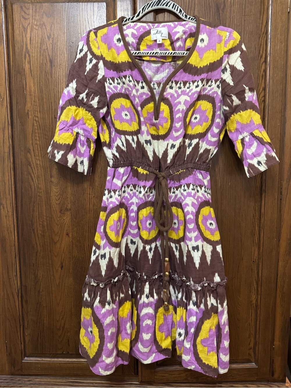 Milly Ikat Midi Dress in Purple, Yellow & Brown